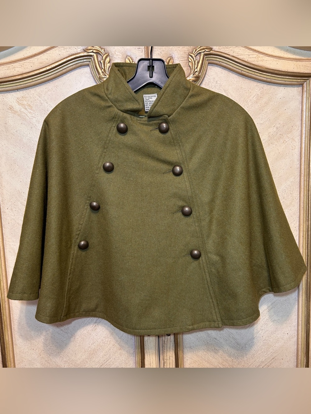 Vintage Wool Mix Moss Olive Green Double Breasted Dome Button Cape Capelet